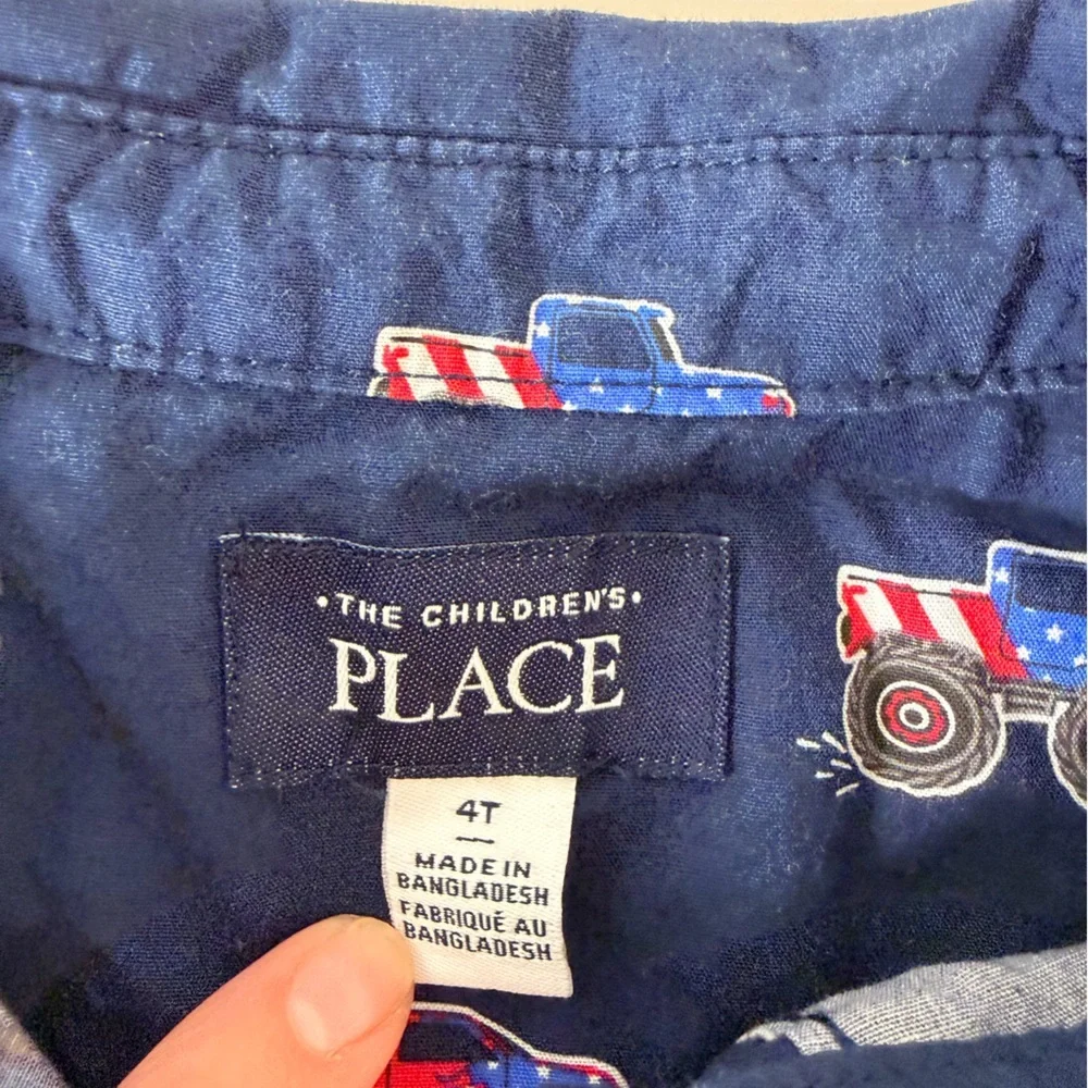 The Children's Place Navy Button-Down Shirt with Red & Blue Truck Print